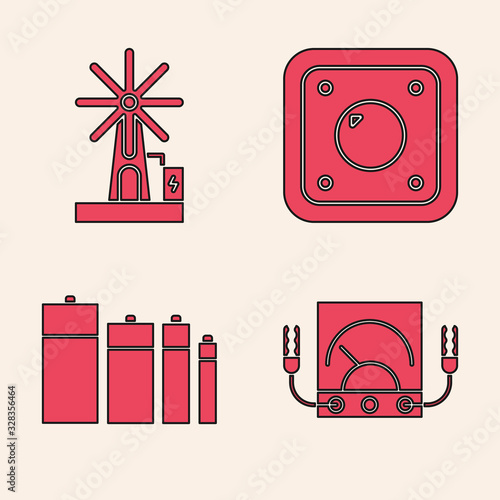 Set Ampere meter, multimeter, voltmeter, Wind turbine, Electric light switch and Battery icon. Vector