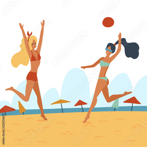 Two Young women playing volleyball on the beach. Flat cartoon vector illustration. Friends playing beach volleyball. Recreational summer activity, healthy lifestyle