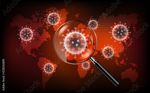 Coronavirus disease COVID-19 infection medical with magnifying glass on world map. New official name for Coronavirus disease named COVID-19, Coronavirus screening concept, vector illustration