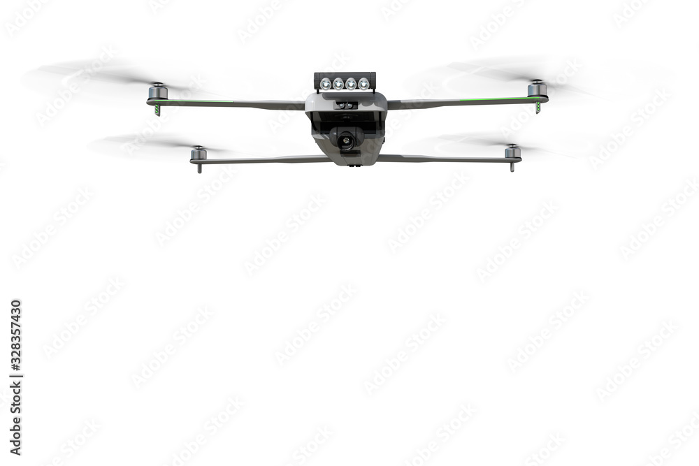 Flying electric drone. Front view. Isolated on white. Photorealistic 3d rendering