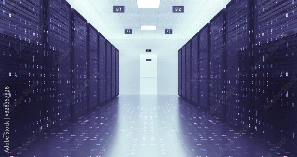 Modern Server Room Environment. Computer Racks All Around With Flying