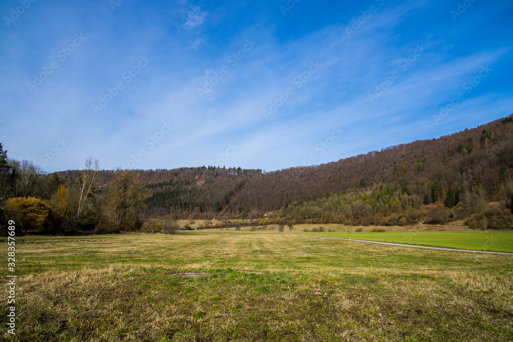 Germany, Beautiful untouched nature landscape of swabian alb with blue sky in spring
