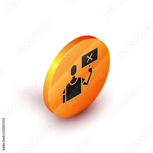 Isometric Nature saving protest icon isolated on white background. Earth planet protection, environmental issues demonstration. Orange circle button. Vector Illustration