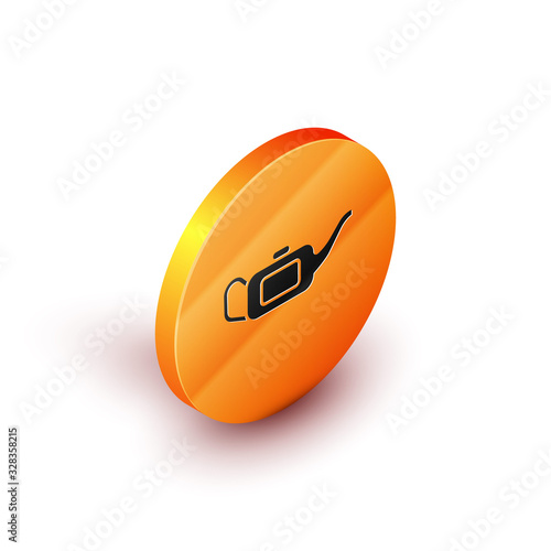 Isometric Canister for motor machine oil icon isolated on white background. Oil gallon. Oil change service and repair. Orange circle button. Vector Illustration