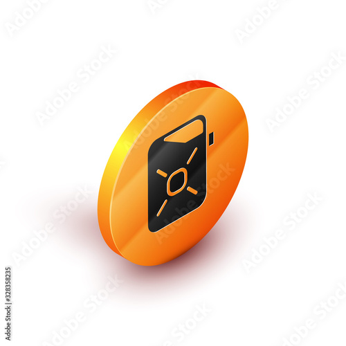 Isometric Canister for motor machine oil icon isolated on white background. Oil gallon. Oil change service and repair. Engine oil sign. Orange circle button. Vector Illustration