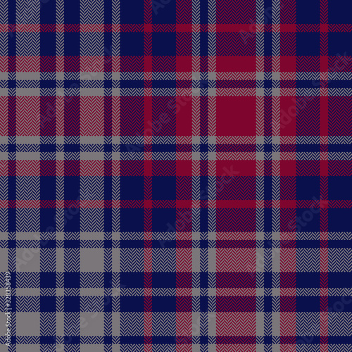 Tartan plaid pattern background. Seamless dark herringbone check plaid graphic in navy blue, bordo red, and grey for scarf, blanket, throw, duvet cover, or other modern winter fabric design.