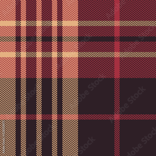 Tartan plaid pattern background. Seamless herringbone check plaid graphic in dark brown, red, and beige for scarf, flannel shirt, blanket, throw, duvet cover, or other winter fabric design.