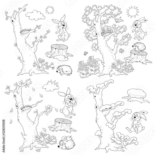 Four seasons. Spring  summer  autun and winter in the forest. Coloring page. Illustration for children. Cute and funny cartoon characters