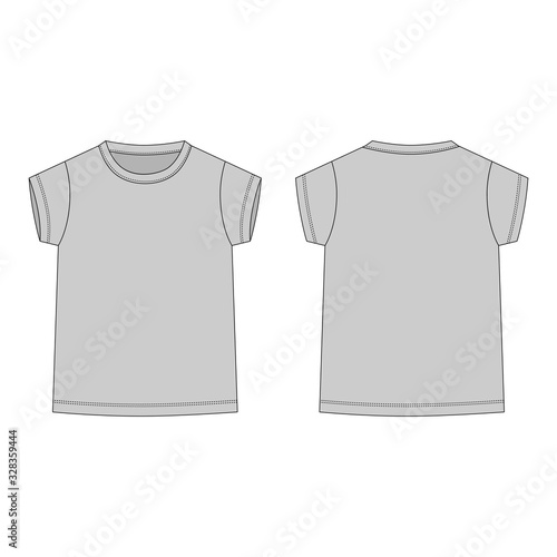 Gray t-shirt isolated isolated on white background. Front and back technical sketch kids clothes.