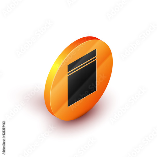 Isometric Plastic bag with ziplock icon isolated on white background. Orange circle button. Vector Illustration