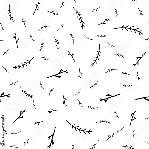 Seamless pattern with leaves and twigs. Doodle illustration  vector. Handmade work. Design for wrapping paper  background  web  packaging  fabrics.