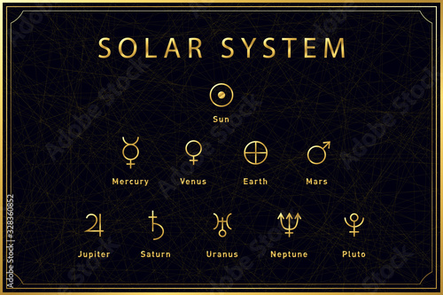 Alchemical golden symbols of solar system bodies on dark background. Sacred geometry. Vector illustration.