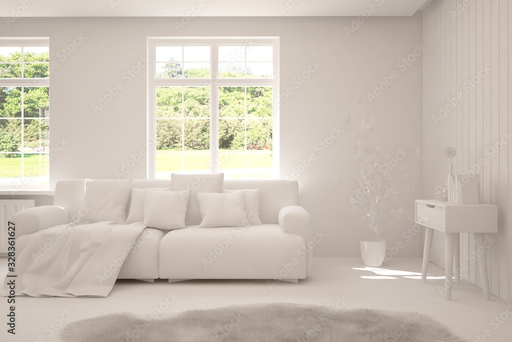 Mock up of stylish room in white color with sofa and green landscape in window. Scandinavian interior design. 3D illustration Mock up of stylish room in white color with sofa and green landscape in window. Scandinavian interior design. 3D illustration