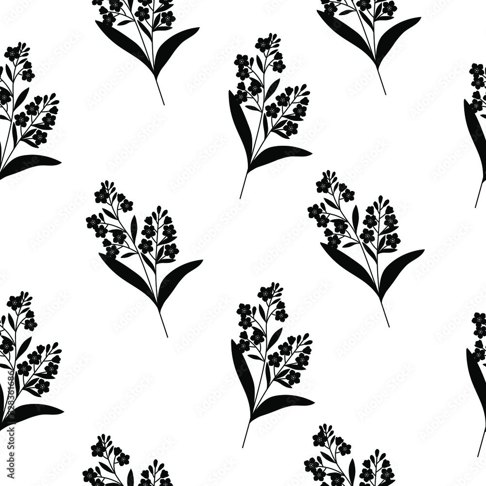  Seamless pattern forget me not flowers vector black silhouettes graphics botanical illustrations