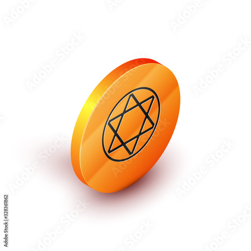 Isometric Star of David icon isolated on white background. Jewish religion symbol. Symbol of Israel. Orange circle button. Vector Illustration