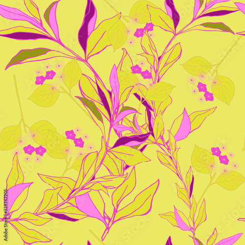 Tree branches with pink leaves on a lemon yellow background. Seamless pattern with floral motifs. Vector illustration.