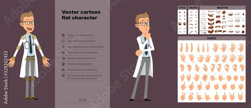 Cartoon funny cute doctor with stethoscope in white uniform. Ready for animations. Face expressions, eyes, brows, mouth and hands easy to edit. Isolated on violet background. Big vector icon set.