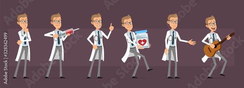Cartoon cute funny doctor with stethoscope in white uniform. Scientist with syringe, medicament and guitar. Ready for animations. Isolated on violet background. Big vector icon set.