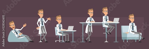 Cartoon cute funny doctor with stethoscope in white uniform. Scientist working on laptop and resting with coffee on sofa. Ready for animations. Isolated on violet background. Big vector icon set.