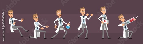 Cartoon cute funny doctor with stethoscope in white uniform. Angry scientist with flask, first aid kit and syringe. Ready for animations. Isolated on violet background. Big vector icon set.
