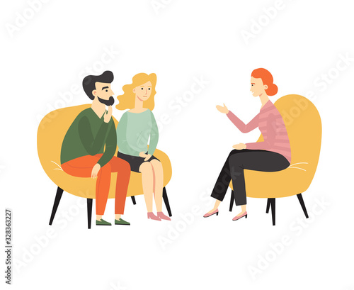 Family psychologist speaking with young maried couple, family psychotherapy design. Vector flat cartoon illustration