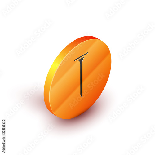 Isometric Metallic nail icon isolated on white background. Orange circle button. Vector Illustration