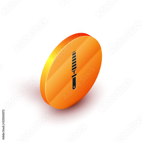 Isometric Chisel tool for wood icon isolated on white background. Orange circle button. Vector Illustration