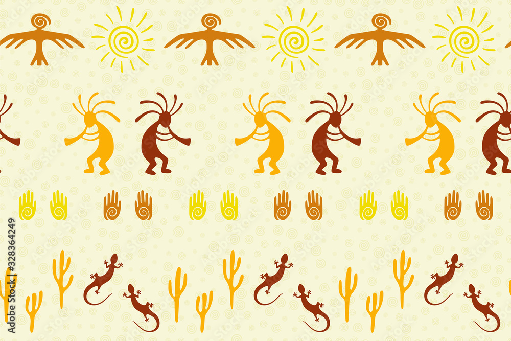 Fototapeta premium Folk, design with dancing god music spirit, wild nature, spiral signs.