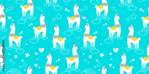 Lovely llamas, cute hipster pattern for children's cloth with lamas and crowns. Linear style, cartoon character llama birthday card, baby shower design blue background.