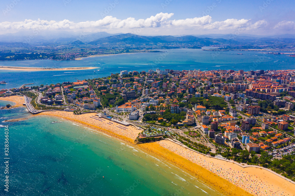 Aerial view of  coast line and beach at Santander with buildings, Cantabria
