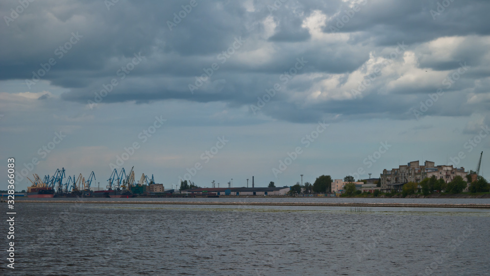cargo port of Riga, cranes and port buildings