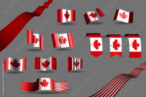 Many Canada flags, waving banners and bookmarks in the colors of the flag red, white vector illustration for anthem, flag day or any national celebration