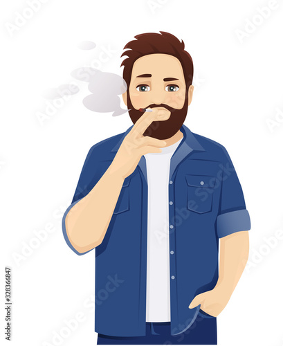 Handsome big man in casual clothes smoking cigarette. Isolated vector illustration