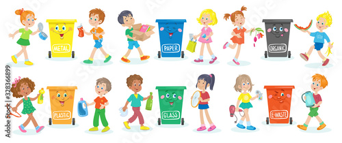 Happy children collect metal, paper, organic, plastic, glass and electronic waste in trash bins of different colors. Waste sorting. Vector illustration in cartoon style. Isolated on white.