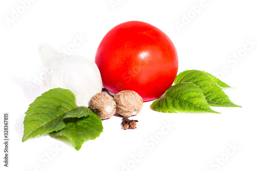 tomato with pepper and garlic on white background ,composition of tomatoes and spices  top view