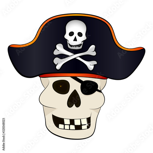 Skull of a pirate in a cap of a captain. Isolated on a white background. Clothes for playing in the theater. Element for party pirates.