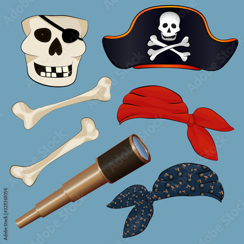 A set of hats for a sea pirate. Spyglass, gnawed bones, cap of a pirate captain, headscarf. Human pirate skull. Set for a party of pirates.