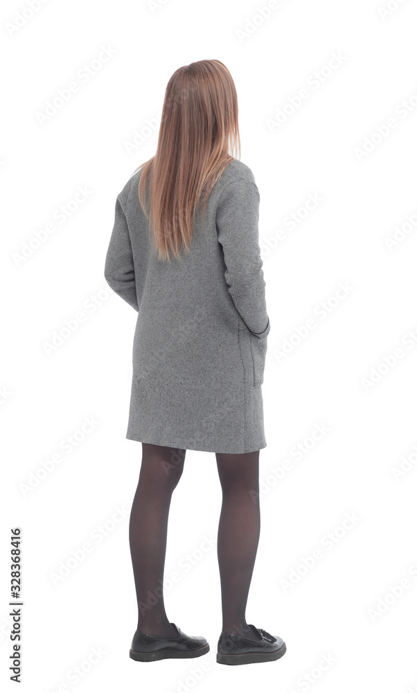 side view. young woman looking at white blank screen side view. young woman looking at white blank screen