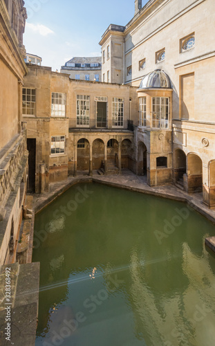 BATH, ENGLAND - March 27, 2019 - The Roman baths are Bath's major tourist attraction and receive more than 1.3 million tourists every year.  The city of Bath is a UNESCO World Heritage Site. © Sergio