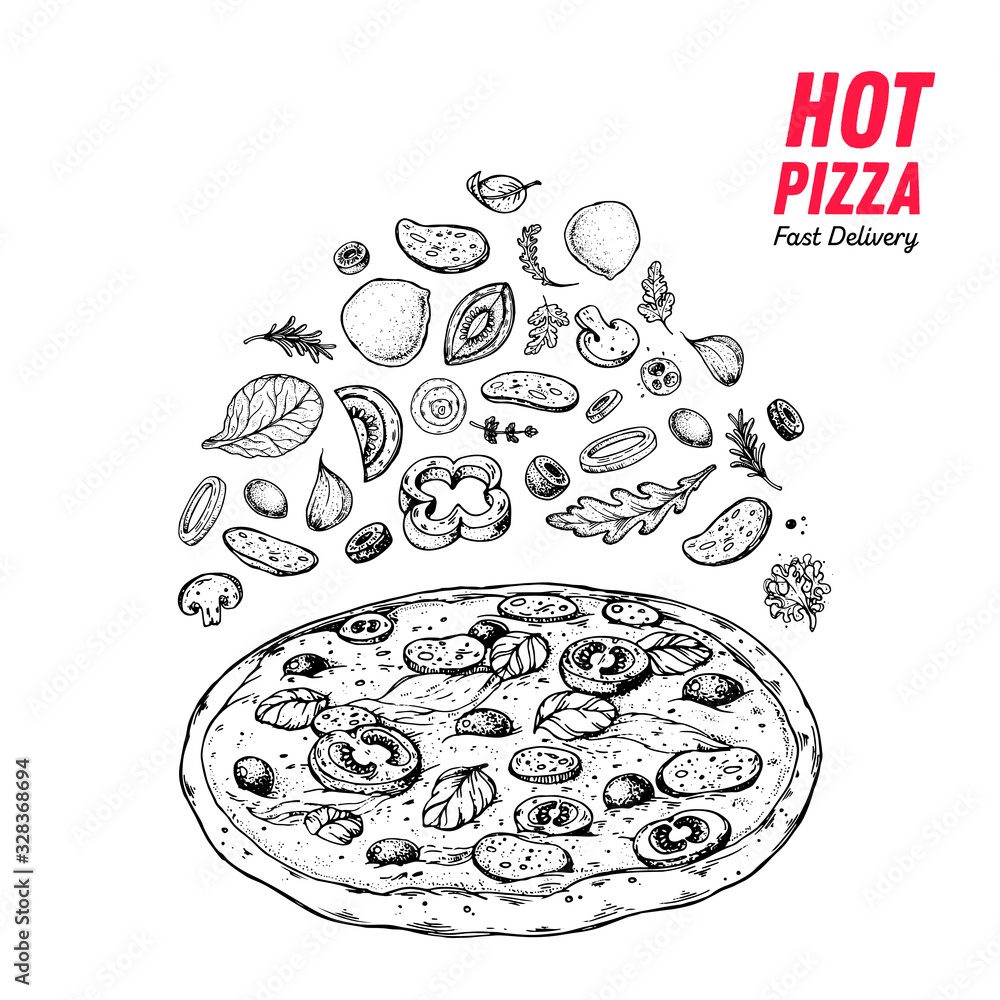 Fototapeta Italian pizza and ingredients. Italian food menu design template. Italian food, pizzeria menu design template. Vintage hand drawn sketch vector illustration. Engraved image.