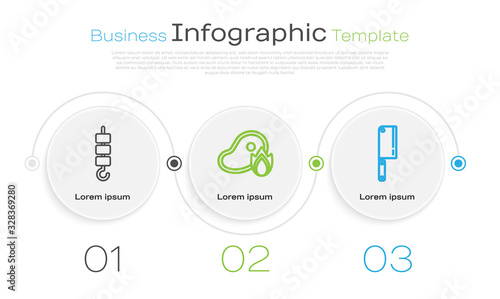 Set line Grilled shish kebab on skewer stick, Grilled steak meat and fire flame and Meat chopper. Business infographic template. Vector