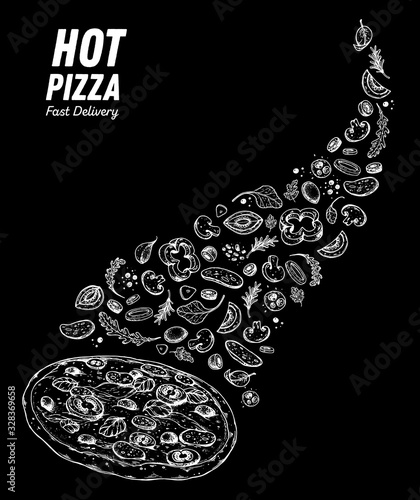 Italian pizza and ingredients. Italian food menu design template. Italian food, pizzeria menu design template. Vintage hand drawn sketch vector illustration. Engraved image.