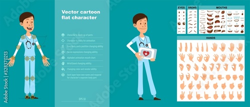 Cartoon funny young hospital doctor with stethoscope in uniform. Ready for animations. Face expressions, eyes, brows, mouth and hands easy to edit. Isolated on blue background. Big vector icon set.