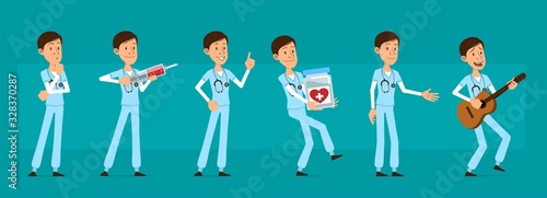 Cartoon cute funny young hospital doctor with stethoscope in unifor. Surgeon with syringe, medicament and guitar. Ready for animations. Isolated on blue background. Big vector icon set.