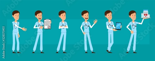 Cartoon cute funny young hospital doctor with stethoscope in unifor. Surgeon with vaccine, pills and smart tablet. Ready for animations. Isolated on blue background. Big vector icon set.