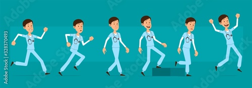 Cartoon cute funny young hospital doctor with stethoscope in unifor. Successful surgeon walking to his goal. Ready for animations. Isolated on blue background. Big vector icon set.