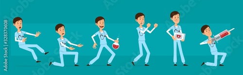 Cartoon cute funny young hospital doctor with stethoscope in unifor. Angry surgeon with flask, first aid kit and syringe. Ready for animations. Isolated on blue background. Big vector icon set.
