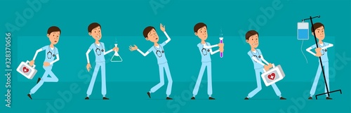 Cartoon cute funny young hospital doctor with stethoscope in unifor. Smart surgeon with flask, first aid kit and drop counter. Ready for animations. Isolated on blue background. Big vector icon set.