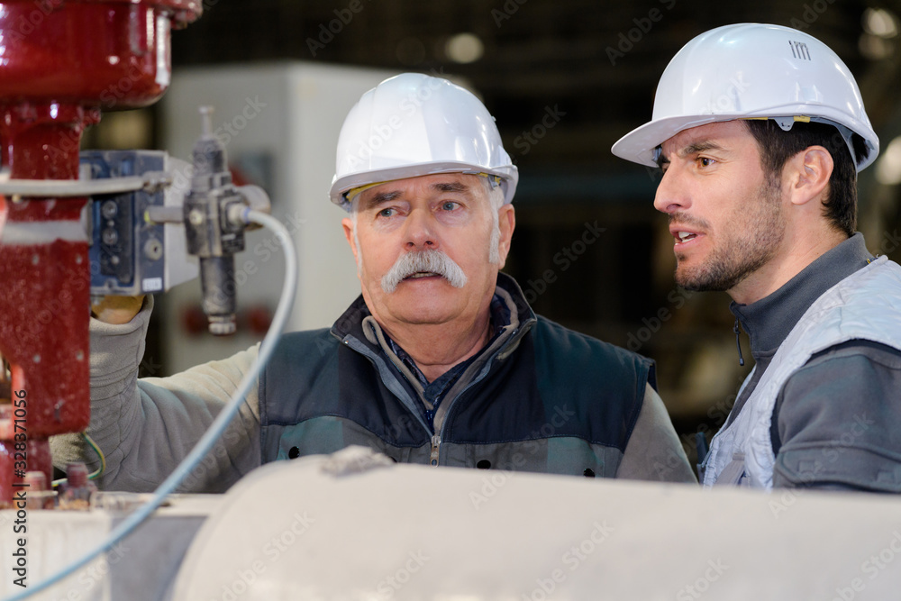 senior engineer and colleague looking at machine senior engineer and colleague looking at machine