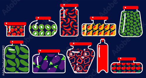 fruits and vegetables in jars background vector illustration